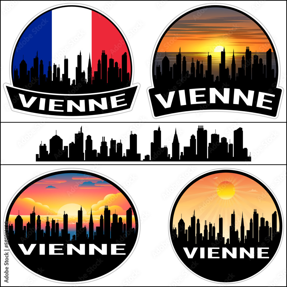 Vienne Skyline Silhouette France Flag Travel Souvenir Sticker Sunset Background Vector Illustration SVG EPS AI