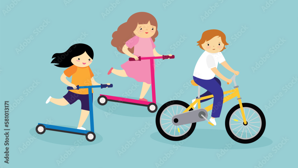 Children riding a scooter. Vector illustration in flat style on blue background.