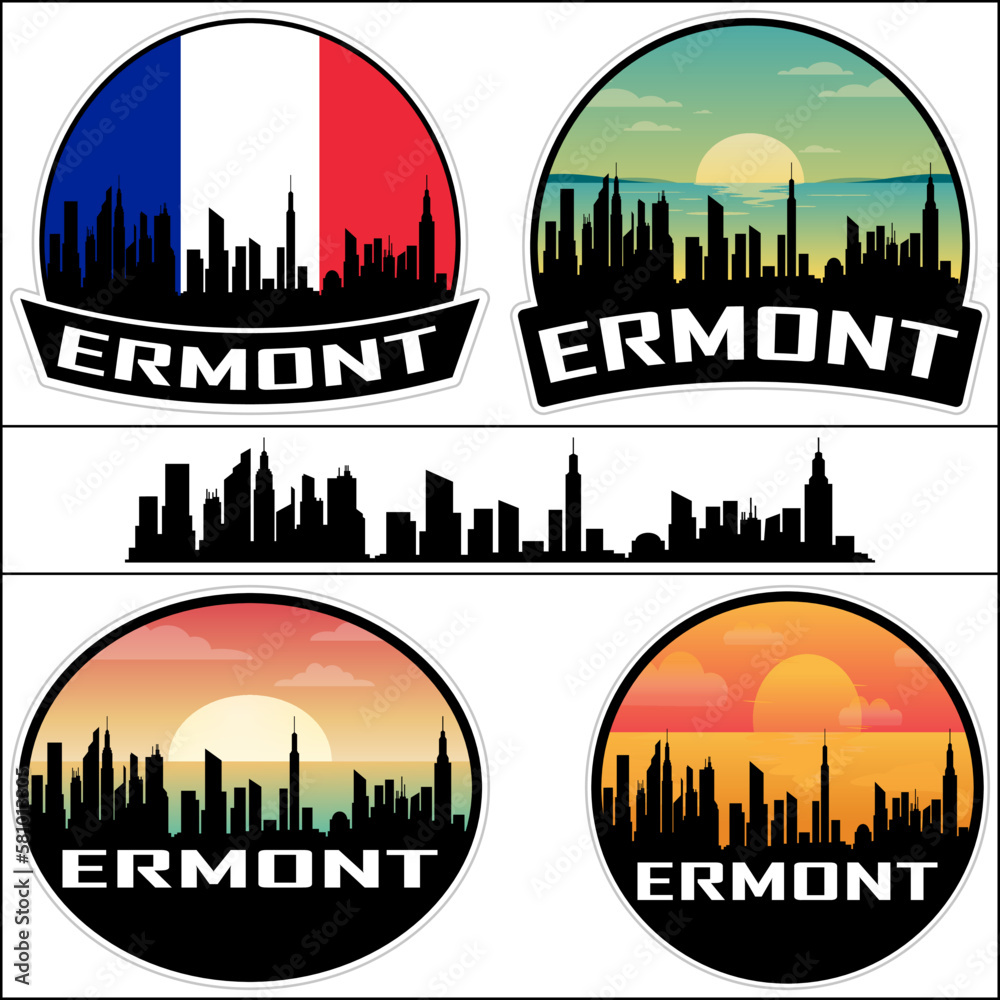 Ermont Skyline Silhouette France Flag Travel Souvenir Sticker Sunset Background Vector Illustration SVG EPS AI