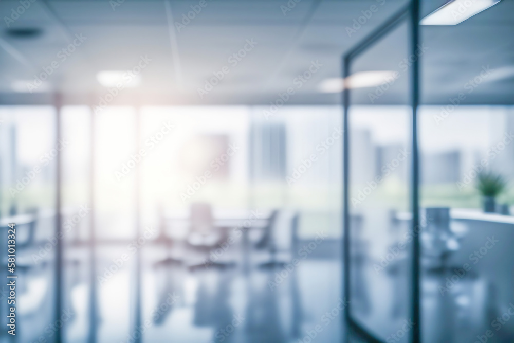Beautiful blurred background of a light modern office interior with panoramic windows and beautiful lighting.