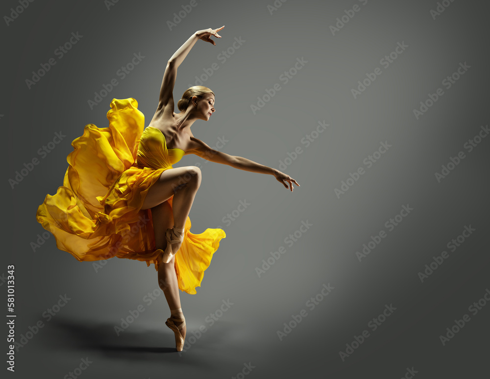 Ballerina in Yellow Chiffon Dress dancing over Gray Background. Ballet  Dancer jumping in Air in Silk Gown. Modern Dance Graceful Woman performing  in flying Skirt Stock Photo | Adobe Stock