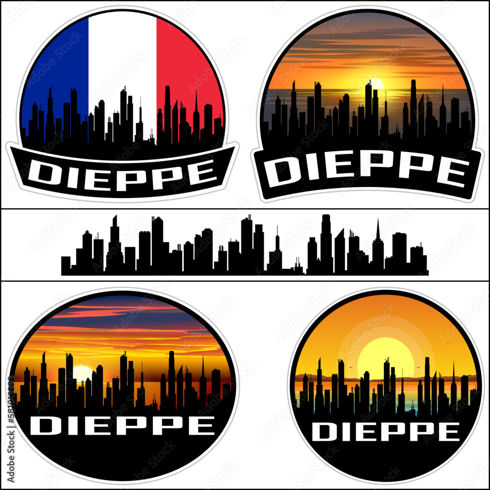 Dieppe Skyline Silhouette France Flag Travel Souvenir Sticker Sunset Background Vector Illustration SVG EPS AI