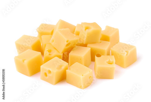 Sliced cheese, cubes, white background