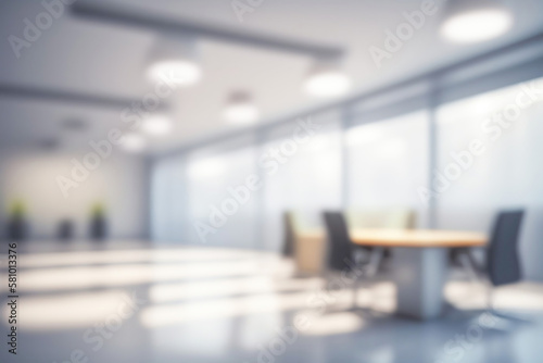 Beautiful blurred background of a light modern office interior with panoramic windows and beautiful lighting. © Laura Pashkevich