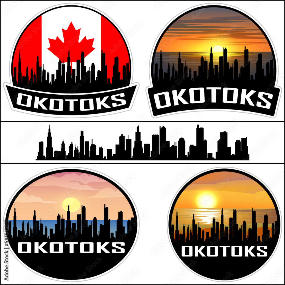 Okotoks Skyline Silhouette Canada Flag Travel Souvenir Sticker Sunset Background Vector Illustration SVG EPS AI