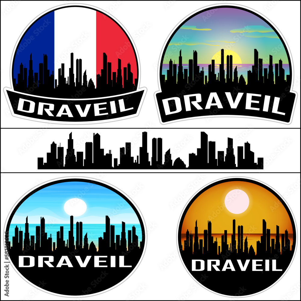 Draveil Skyline Silhouette France Flag Travel Souvenir Sticker Sunset Background Vector Illustration SVG EPS AI