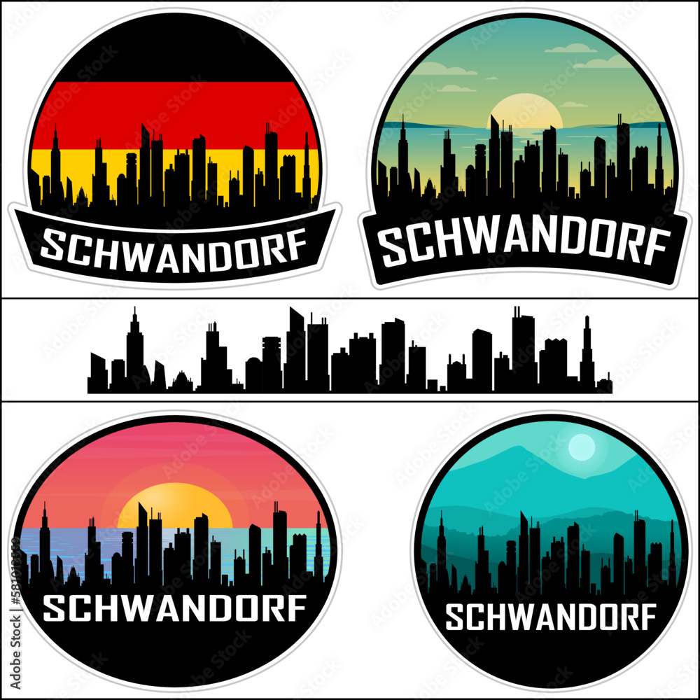 Schwandorf Skyline Silhouette Germany Flag Travel Souvenir Sticker Sunset Background Vector Illustration SVG EPS AI