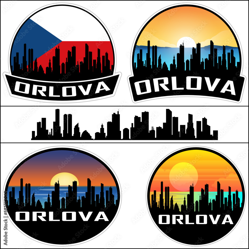 Orlova Skyline Silhouette Czech Flag Travel Souvenir Sticker Sunset Background Vector Illustration SVG EPS AI