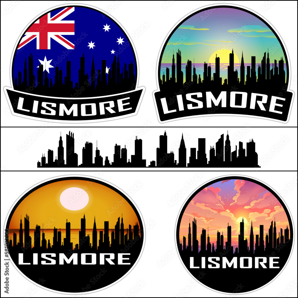 Lismore Skyline Silhouette Australia Flag Travel Souvenir Sticker Sunset Background Vector Illustration SVG EPS AI