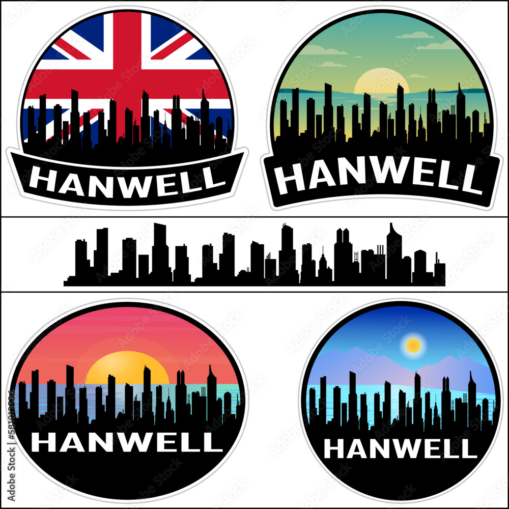 Hanwell Skyline Silhouette Uk Flag Travel Souvenir Sticker Sunset Background Vector Illustration SVG EPS AI