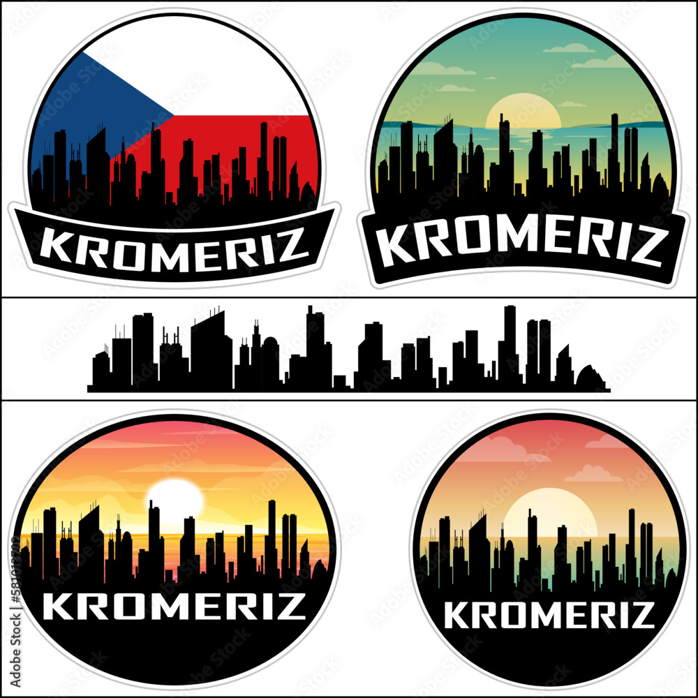Kromeriz Skyline Silhouette Czech Flag Travel Souvenir Sticker Sunset Background Vector Illustration SVG EPS AI