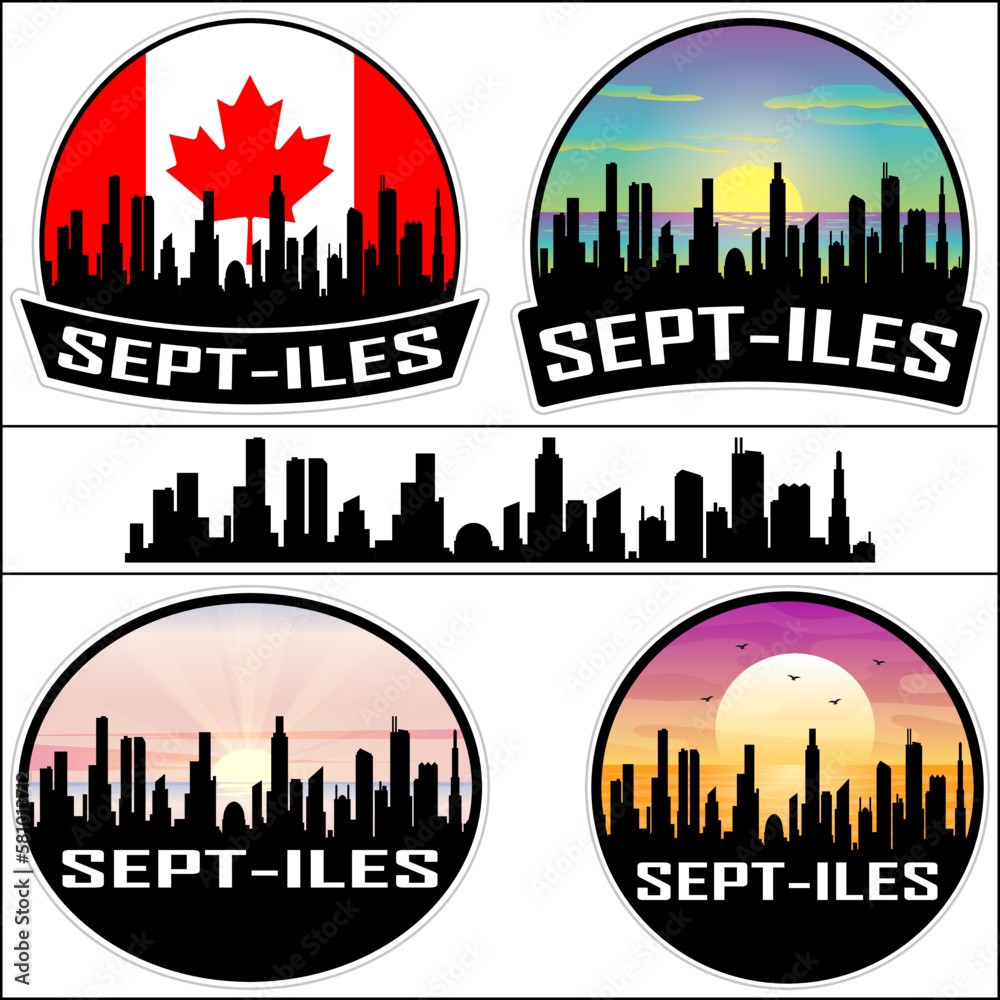 Sept Iles Skyline Silhouette Canada Flag Travel Souvenir Sticker Sunset Background Vector Illustration SVG EPS AI