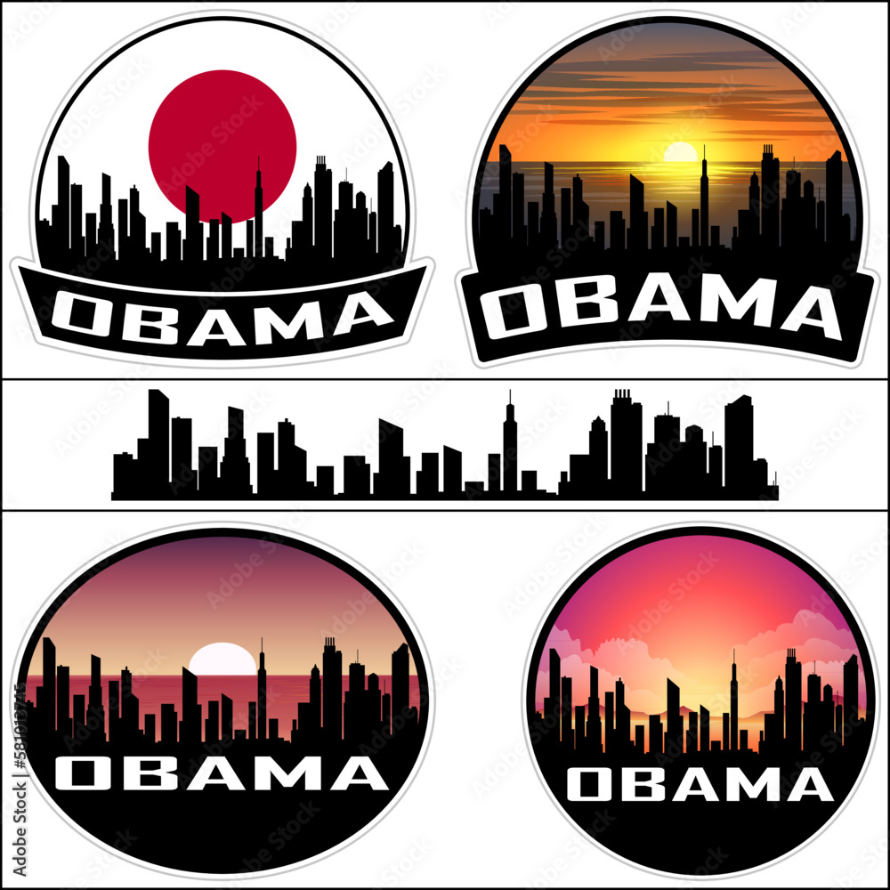 Obama Skyline Silhouette Japan Flag Travel Souvenir Sticker Sunset Background Vector Illustration SVG EPS AI