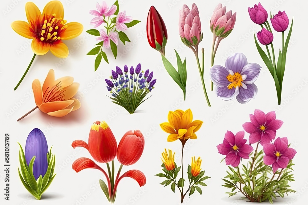 Set of different spring beautiful flowers on a white background. Generative AI Set of different spring beautiful flowers on a white background. Generative AI