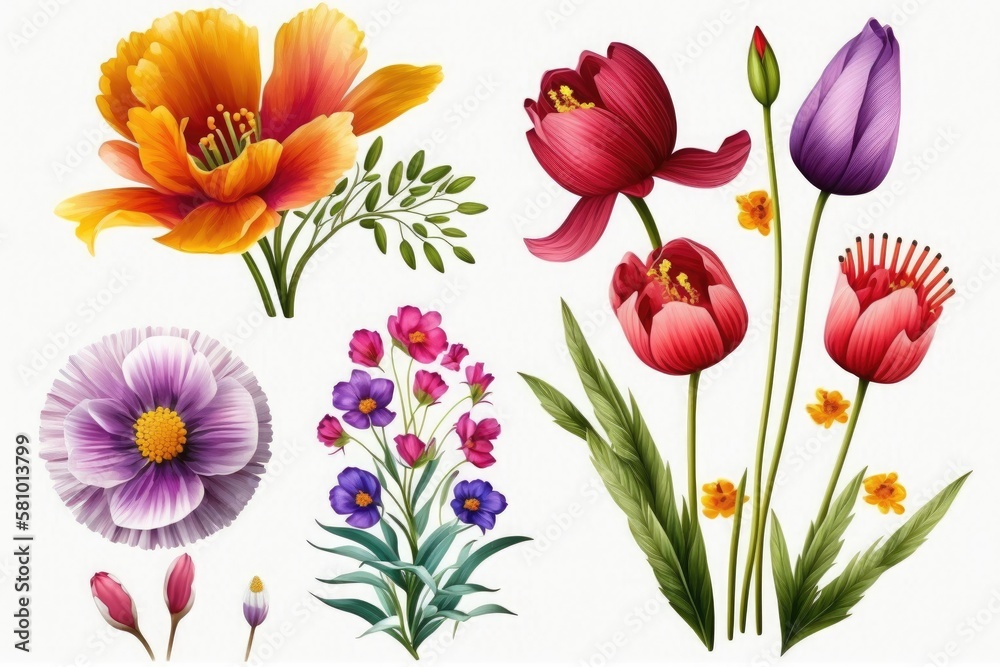 Beautiful blooming spring flowers on a white background. Generative AI