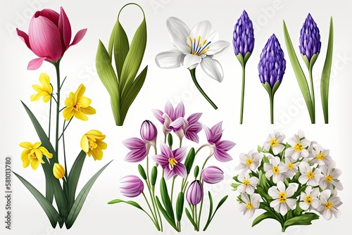 Set of spring beautiful flowers on a white background. Generative AI