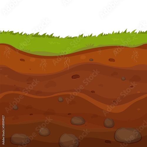 Soil, ground with layers, grass roots and stones, earth sections in cartoon style isolated on white background.