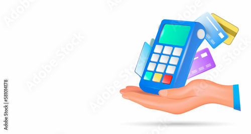 Payment terminal, a modern POS-bank payment device.
A payment device with an NFC keyboard. A credit card reader.
3D illustration of a contactless payment system.
