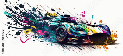 Artsitic, colorful illustration of a racing car - Generative AI