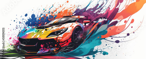 Artsitic, colorful illustration of a racing car - Generative AI photo