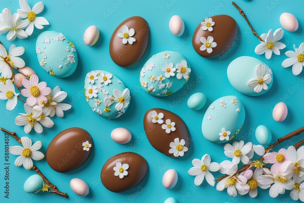 Happy Easter! Colorful Easter chocolate eggs with cherry blossoms flat lay on blue background. Stylish tender spring template with space for text. Greeting card or banner, AI generated
