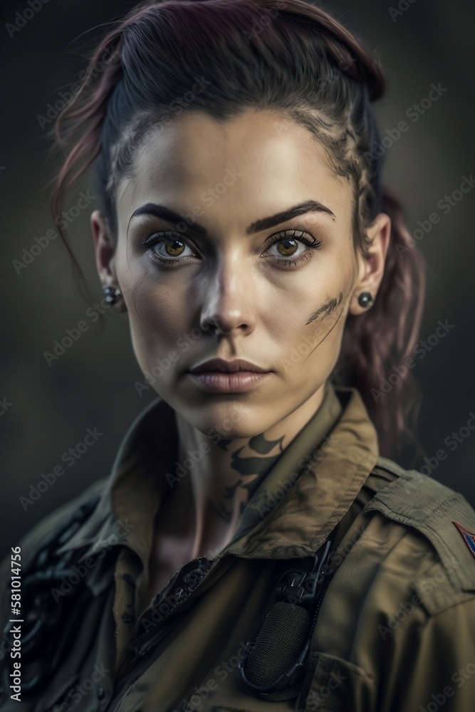 Woman Soldier Portrait. Dark Hair. Generative AI