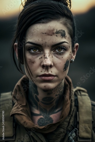 Woman Soldier Portrait. Dark Hair. Generative AI