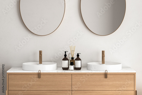 3D render close up white vanity counter with ceramic washbasin and modern style faucet in a bathroom with morning sunlight and shadow. Blank space for products display mockup. Background.