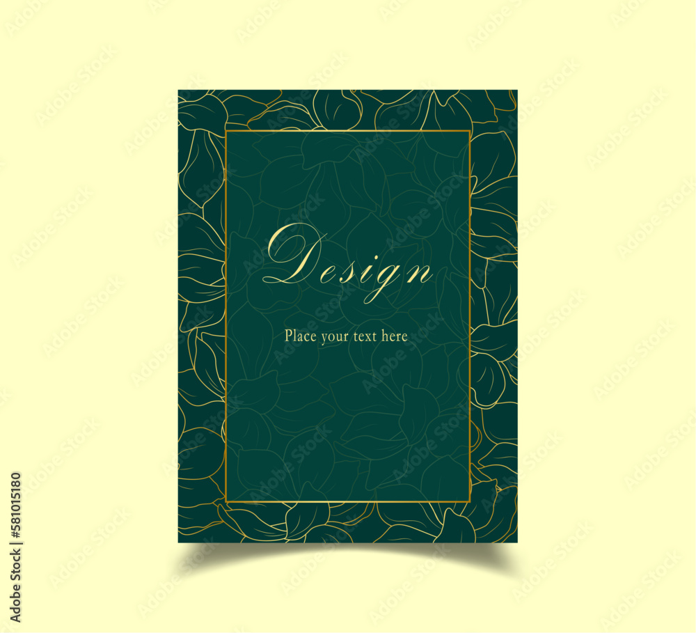 Brochure with floral gold decoration on green background with space for text. Template for posters, invitations, banners, social media stories and posts in a minimalist style. Vector illustration. Brochure with floral gold decoration on green background with space for text. Template for posters, invitations, banners, social media stories and posts in a minimalist style. Vector illustration.