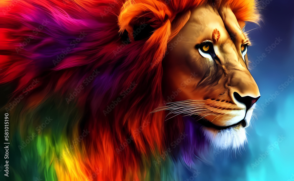  A colorful abstract portrait lion. Generative AI.