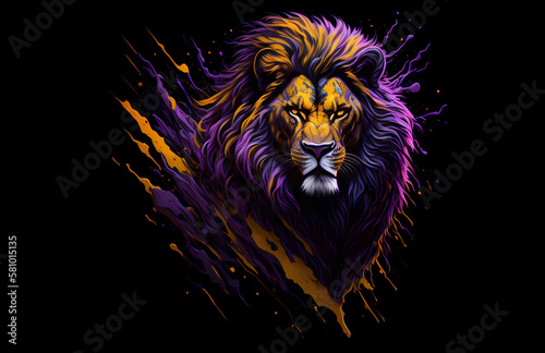  A colorful abstract portrait lion on black background. Generative AI.