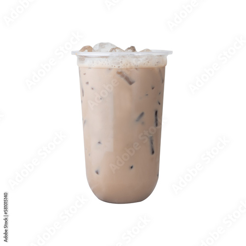 Iced cocoa in a plastic cup on isolated white background. PNG file.