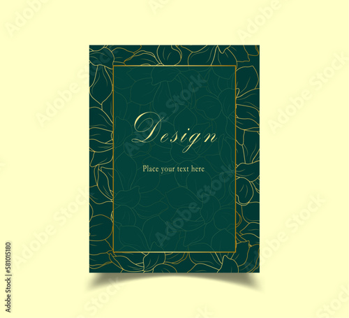 Brochure with floral gold decoration on green background with space for text. Template for posters, invitations, banners, social media stories and posts in a minimalist style. Vector illustration.