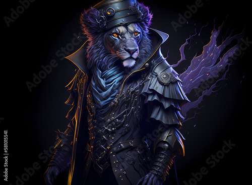 A colorful portrait of a steampunk lion on black background. Generative AI.