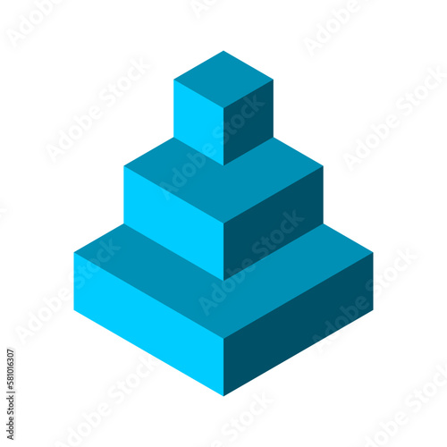 Blue 3D geometric pyramid made of cubes. Hierarchy in organization concept. Corporate management structure. Three down top stairs. Climbing achievement idea. Vector illustration, isometric, clip art.