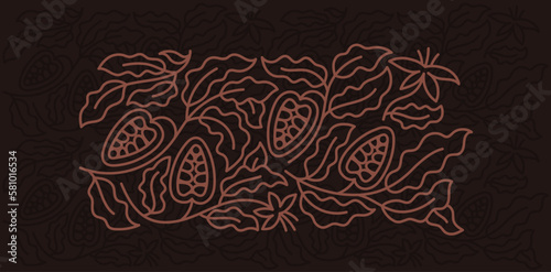 Cocoa background. Chocolate pack design element. Floral ornament. Beans and branches leaves. Editable outline stroke. Vector line.