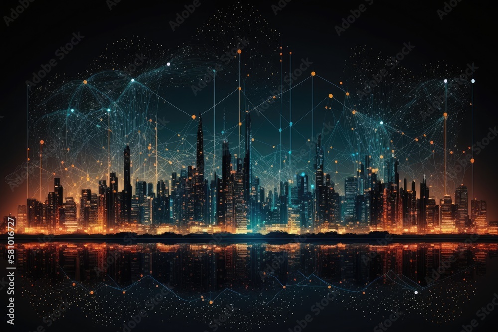 Smart cityscape at night illuminated by wireless network connections and big data technology. A concept of advanced wireless network and connection technology in a smart city with a focus on big data,