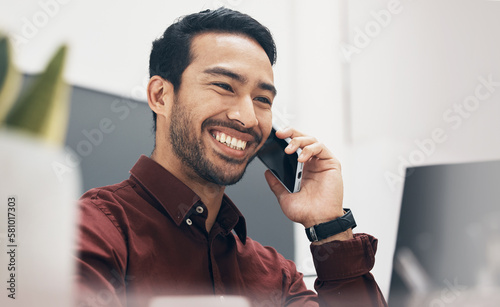Phone call communication, office and happy man talking to financial investment contact about bitcoin stock exchange. Crypto broker, ecommerce and forex account manager networking on NFT trading chat