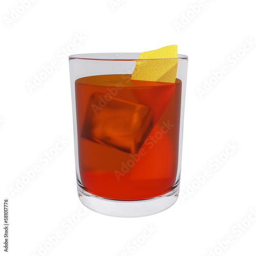 Boulevardier cocktail with ice cubes and an orange slice. An alcoholic drink consisting of whiskey, sweet vermouth and Campari. 3d rendering