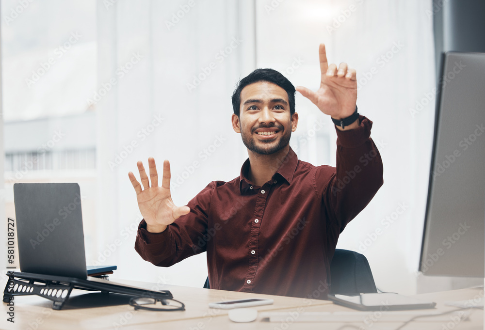 Virtual screen, gesture or happy man point at UX web design, app ...
