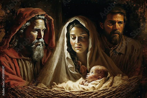 Canvas-taulu Christmas banner or poster featuring Mary and Joseph and the infant Jesus in the