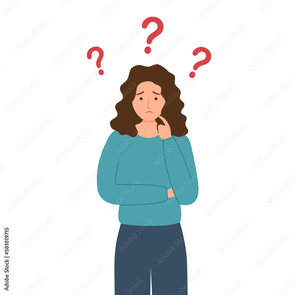 Forgetful woman holding finger to her chin with question mark in flat design. Forgetfulness. Thoughtful female thinking and solving problem. Memory problem. Forgetful woman holding finger to her chin with question mark in flat design. Forgetfulness. Thoughtful female thinking and solving problem. Memory problem.