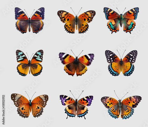 Collection of multicolored butterflies. Vector illustration. Tropical butterflies set isolated on a white background. Collection of realistic colorful butterflies for design. © Nadia