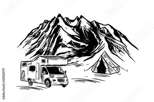 Motor home, Mountain landscape, Camping in nature, hand drawn style vector illustrations.	

