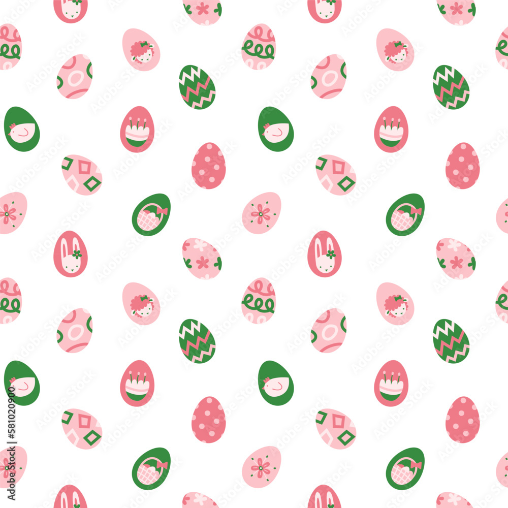 Easter eggs seamless pattern background. Springtime holiday symbols bright colorful collection in pink green. Bunny, eggs, lamb, chicken, hunt basket, flowers vector abstract graphic modern flat. Easter eggs seamless pattern background. Springtime holiday symbols bright colorful collection in pink green. Bunny, eggs, lamb, chicken, hunt basket, flowers vector abstract graphic modern flat.