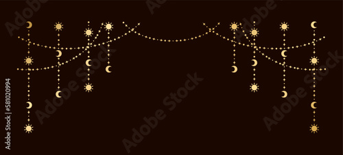 Gold mystic celestial hanging garland with sun, stars, moon phases, crescents. Ornate bohemian magical curtain decorative element
