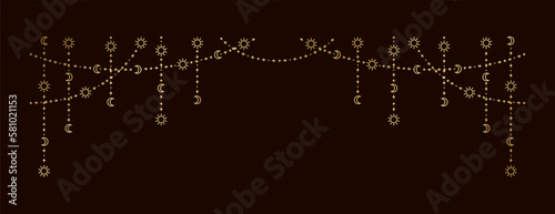 Gold mystic celestial hanging garland with sun, stars, moon phases, crescents. Ornate bohemian magical curtain decorative element