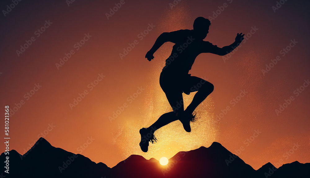 Silhouette of a person jumping over rocks in mountain area against sunset Silhouette of a person jumping over rocks in mountain area against sunset