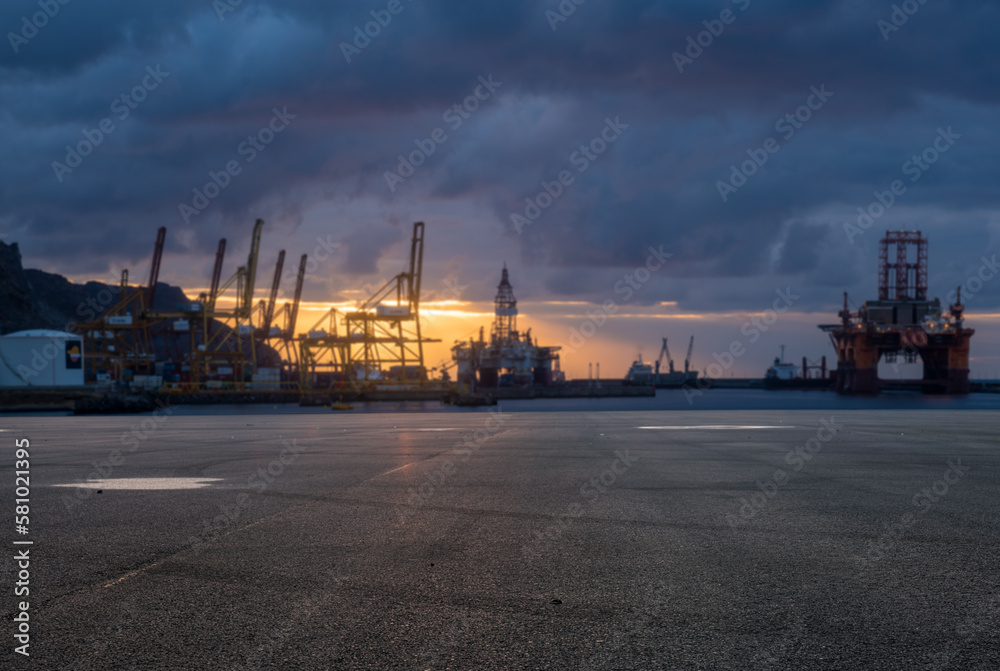 Large asphalt yard in the seaport..