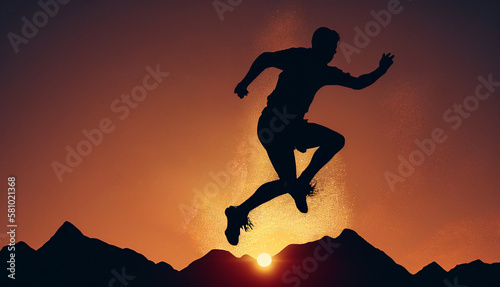 Silhouette of a person jumping over rocks in mountain area against sunset